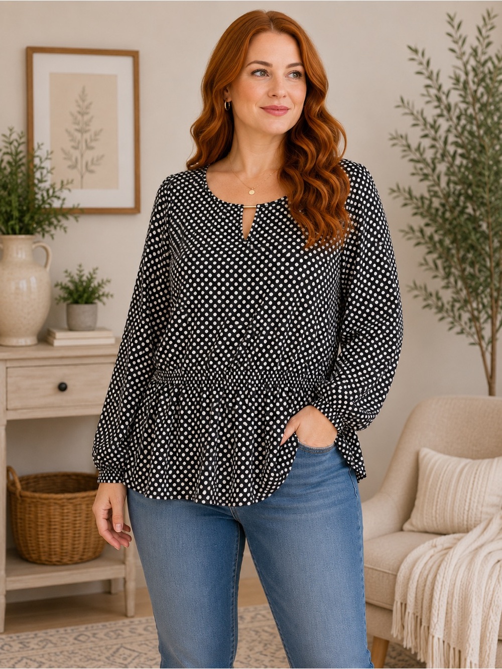 Black Polka Dot Peplum Blouse with Keyhole Neck